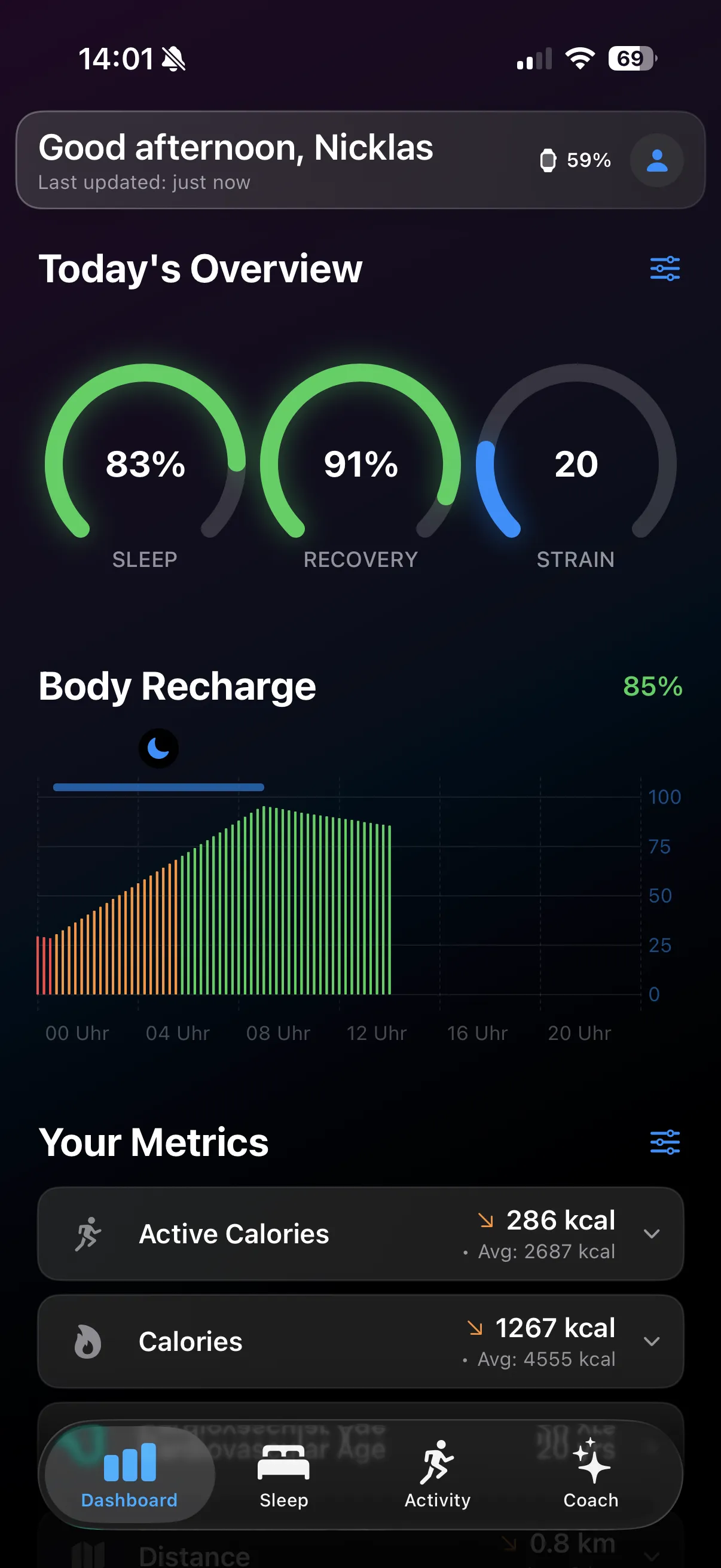 Vitalstat health dashboard showing daily metrics, recovery score, and health overview