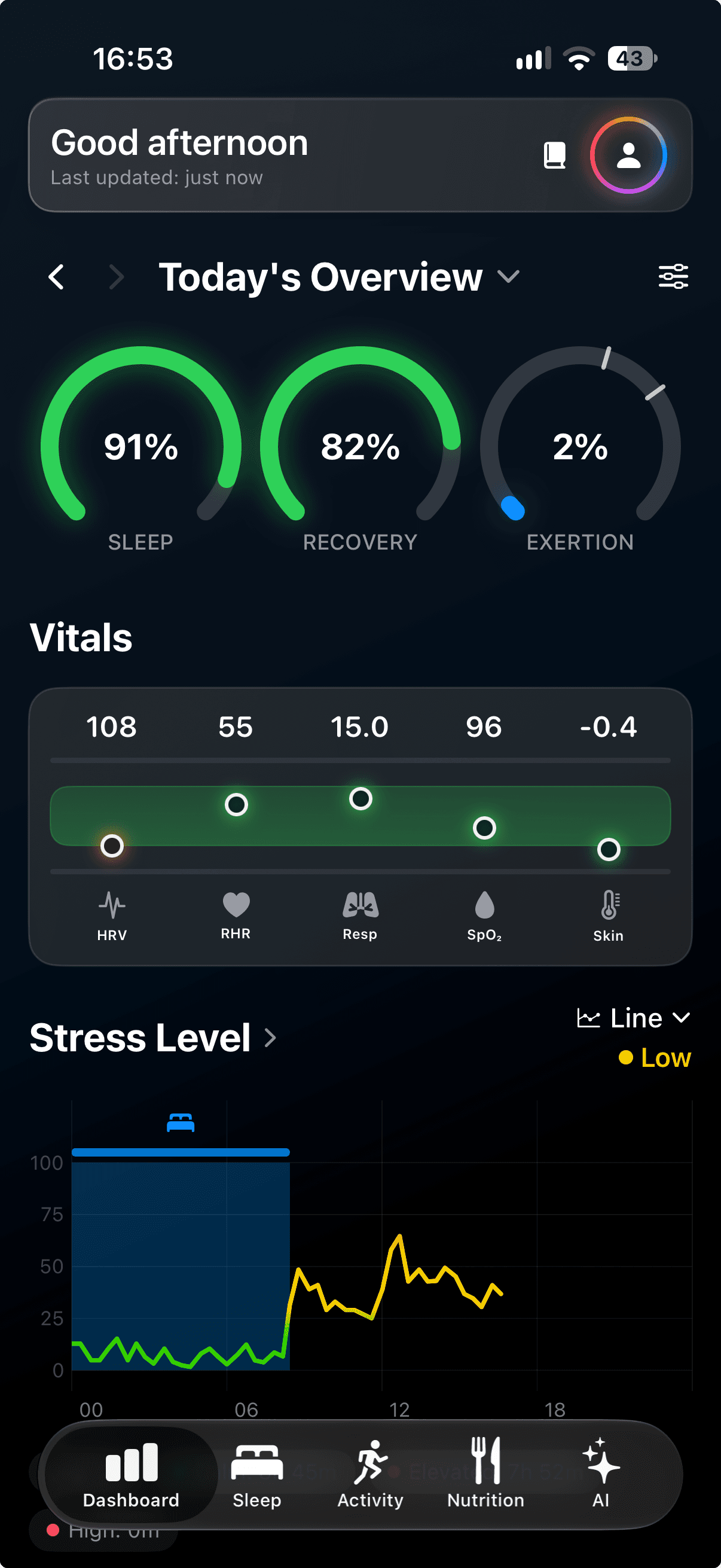 Vitalstat dashboard with sleep, recovery and exertion scores, the updated vitals baseline card, and a daily stress chart